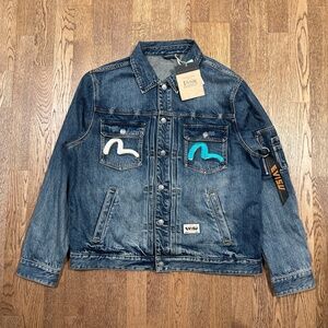 NWT Evisu Seagull Embroidered Godhead Print Relaxed Type 2 Denim Jacket Mens XL